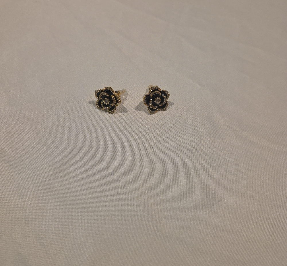Black and Gold Rose Petal Stud Earrings - Women's Jewelry